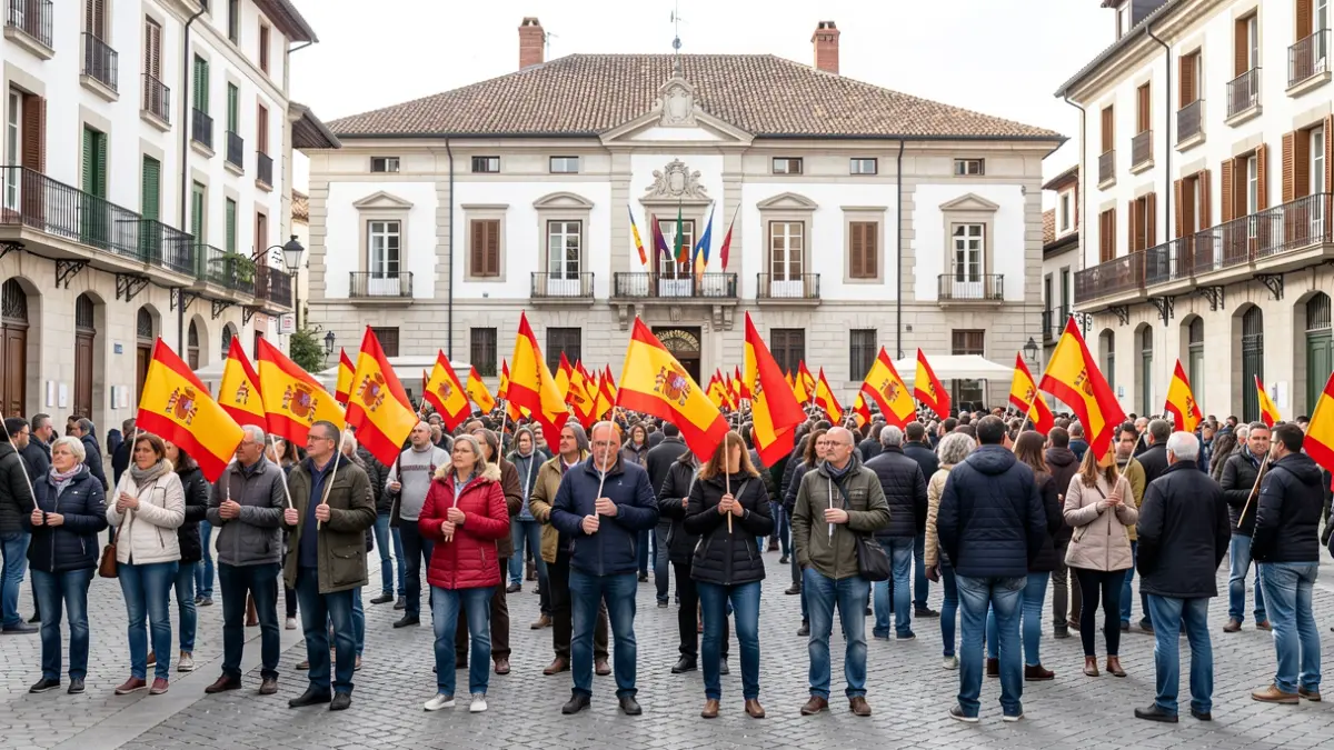 Generic image of a civic gathering with Spanish flags in a town square.