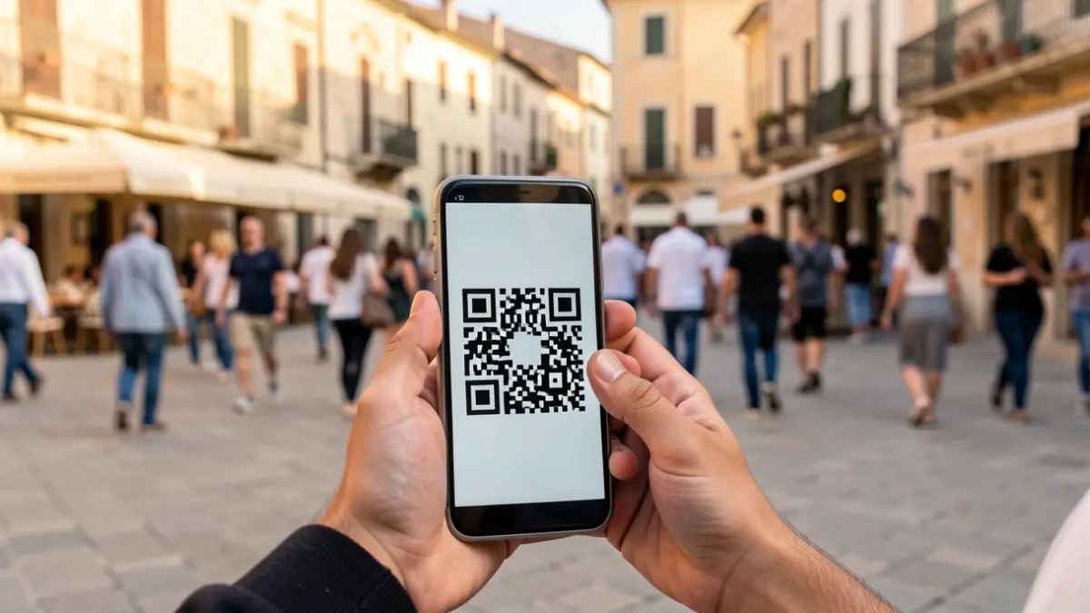 Generic image of a mobile phone displaying a QR code in an urban setting.