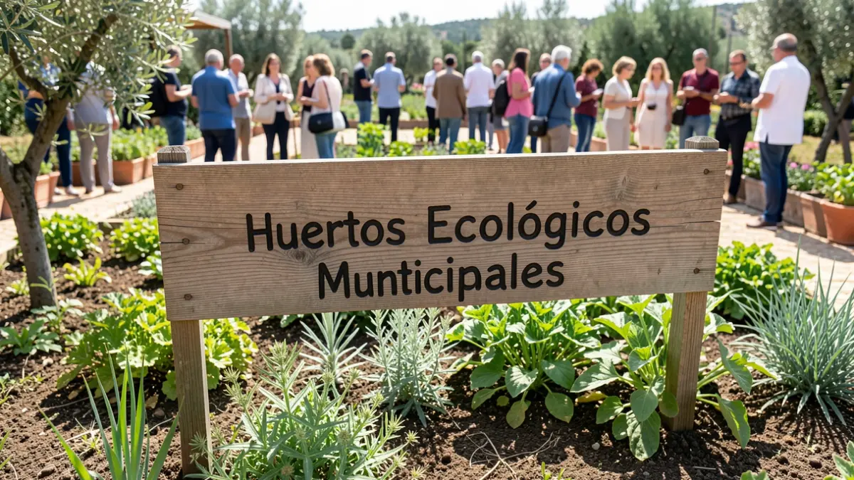 Imatge genèrica d'un cartell de fusta amb el nom dels Huertos Ecológicos Municipales.
