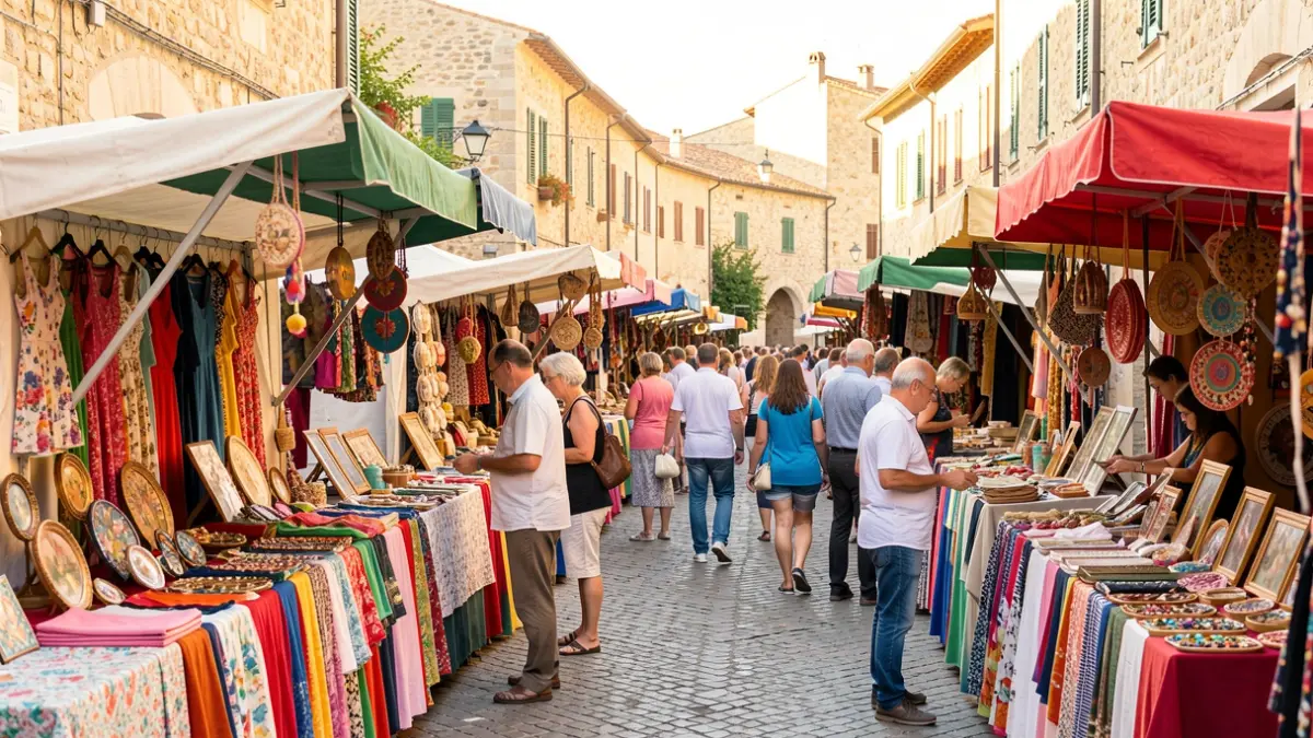 Imagen genérica de una feria comercial con puestos llenos de productos y gente comprando.