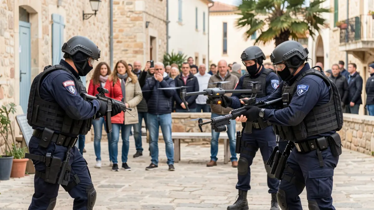 Imatge genèrica d'agents de policia en formació pràctica amb equipament policial.
