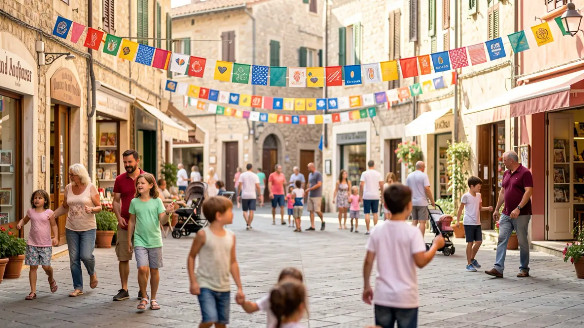 Imatge genèrica d'una plaça de ciutat mediterrània amb activitats familiars.