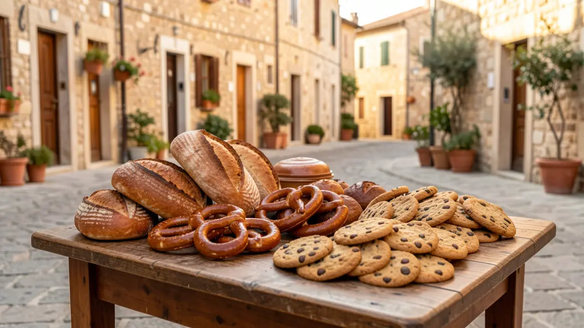 Imagen de un surtido de productos de horno tradicionales en una mesa rústica, con una calle de pueblo mediterráneo al fondo.