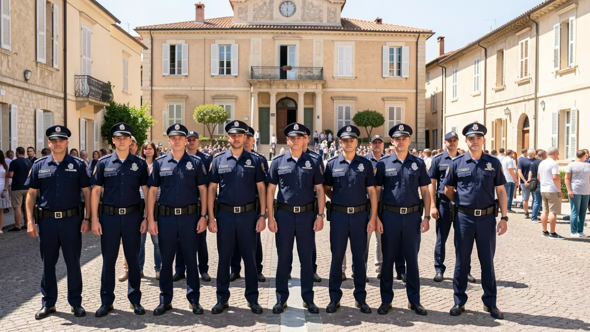 Imatge genèrica de nous agents de policia davant d'un edifici municipal.