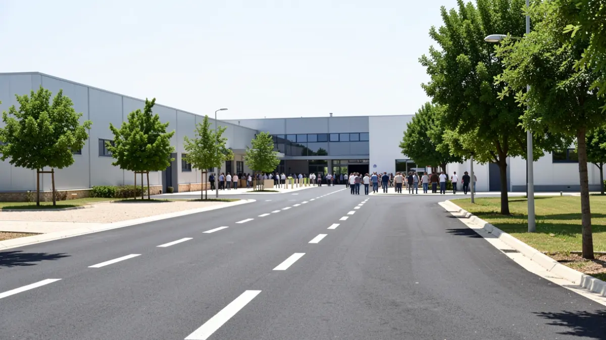 Imatge genèrica d'un polígon industrial modern amb asfalt nou i senyalització viària.