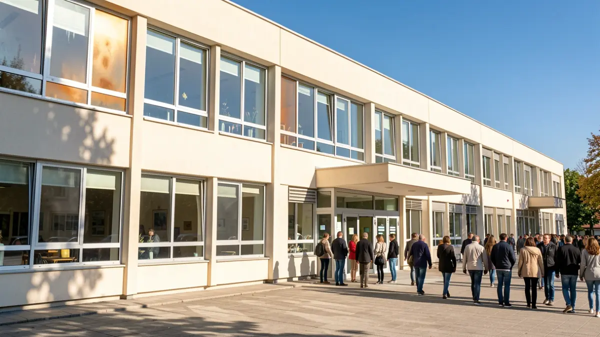 Imatge genèrica d'un centre educatiu sota el sol intens, suggerint la necessitat de climatització.