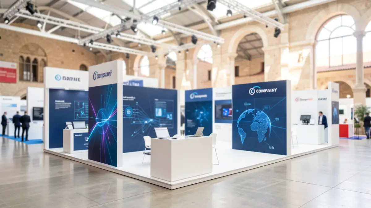 Imatge genèrica d'un espai expositiu tecnològic amb estands moderns.