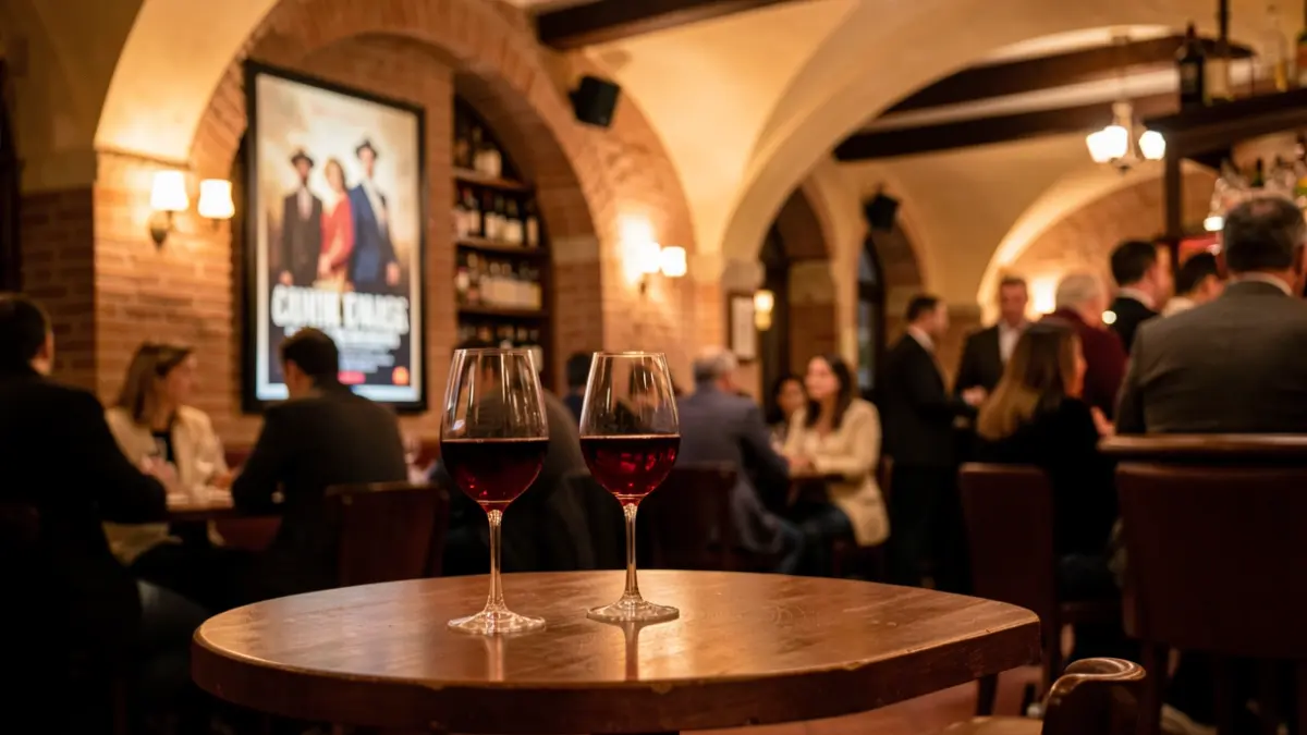 Imagen genérica de un bar de cine con un vaso de vermut y un cartel de película desenfocado.