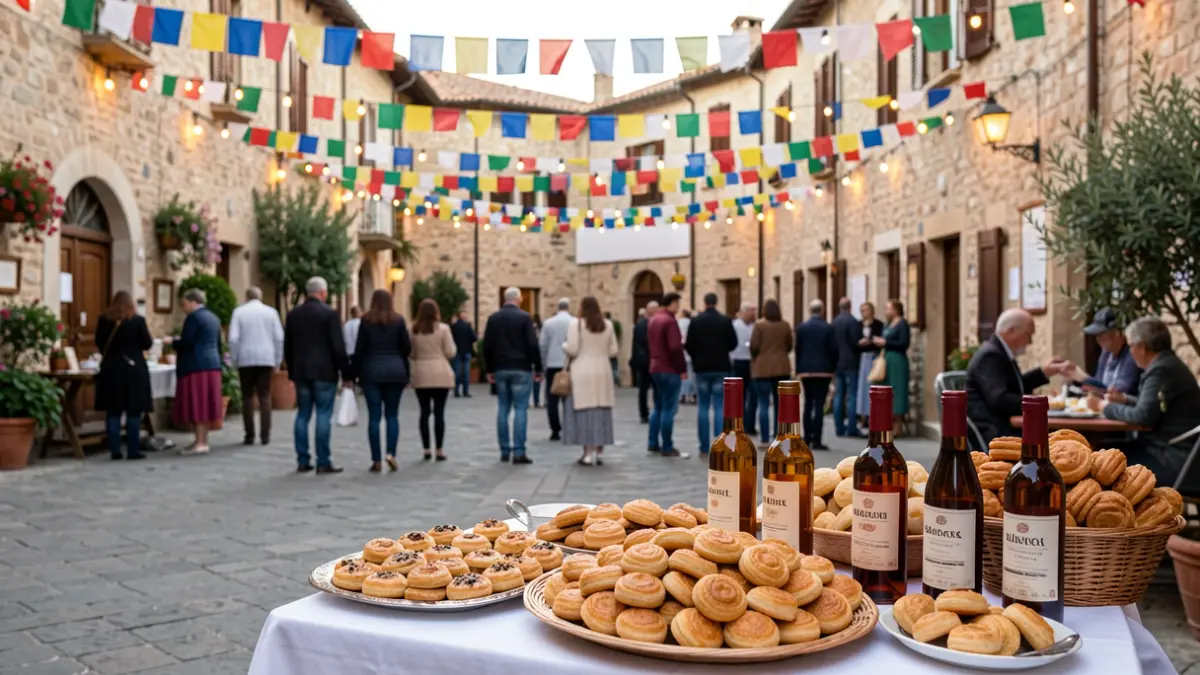 Generic image of a Mediterranean town square decorated for a festival, with sweets and sweet wine.