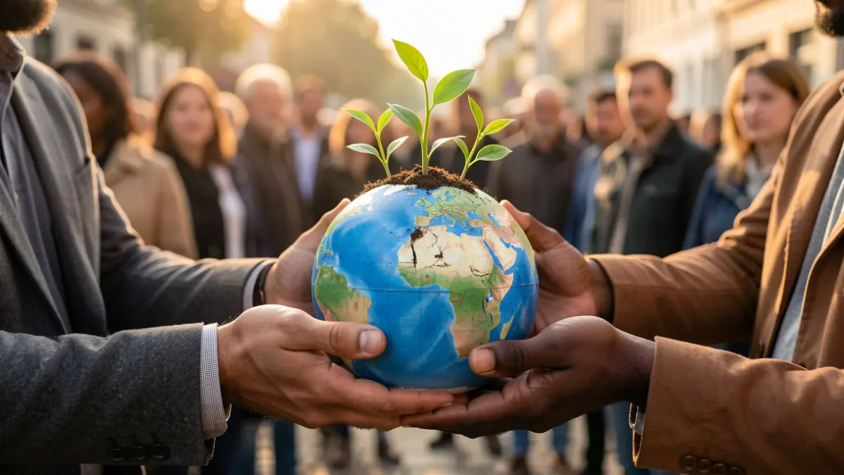 Generic image of hands of different ethnicities holding a globe with green sprouts.