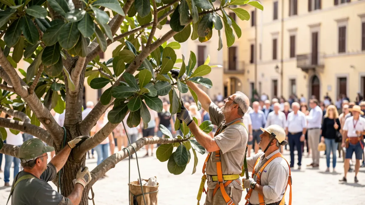 Imagen genérica de podadores trabajando en árboles grandes en una plaza.