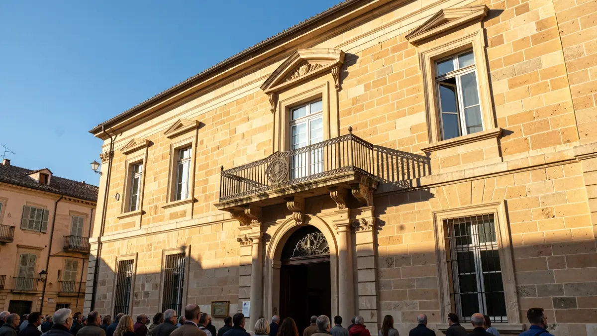 Imatge genèrica de la façana d'un ajuntament mediterrani amb balcó i baranes de ferro, il·luminat pel sol de la vesprada.