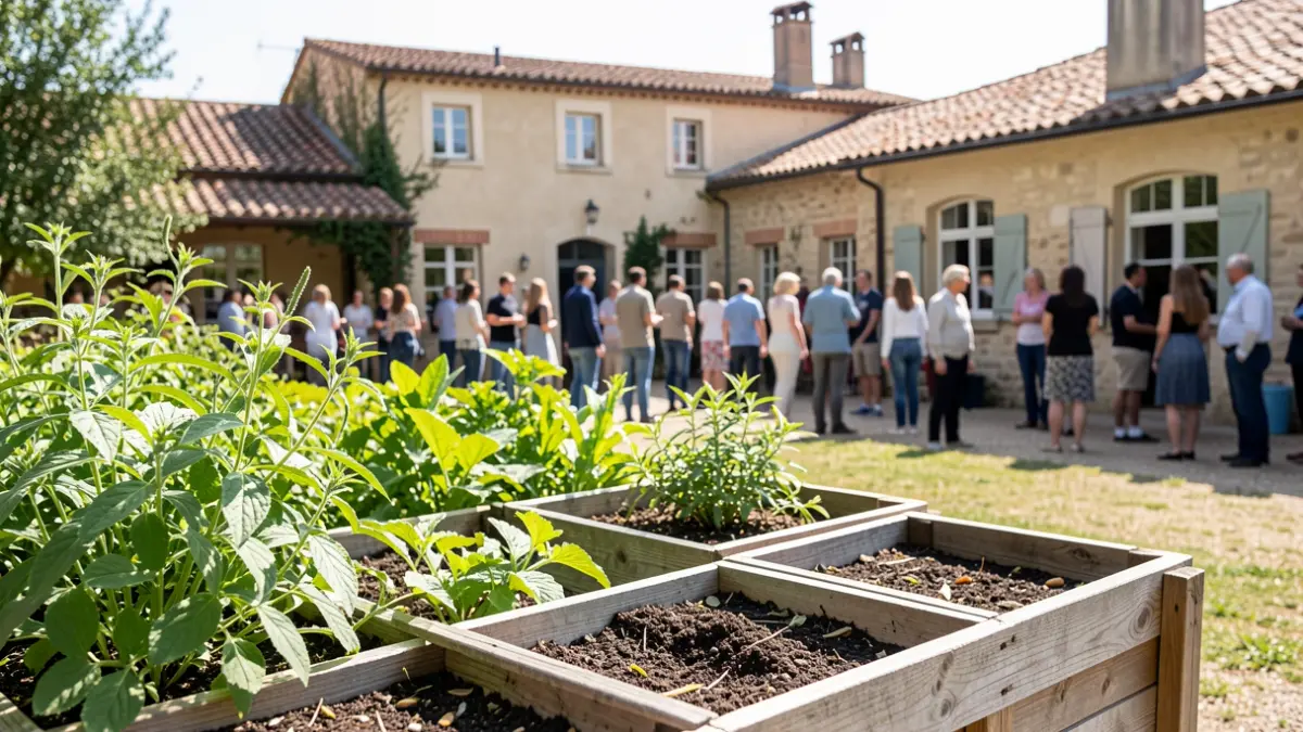 Generic image of compost bins in a schoolyard with a Mediterranean-style building in the background.