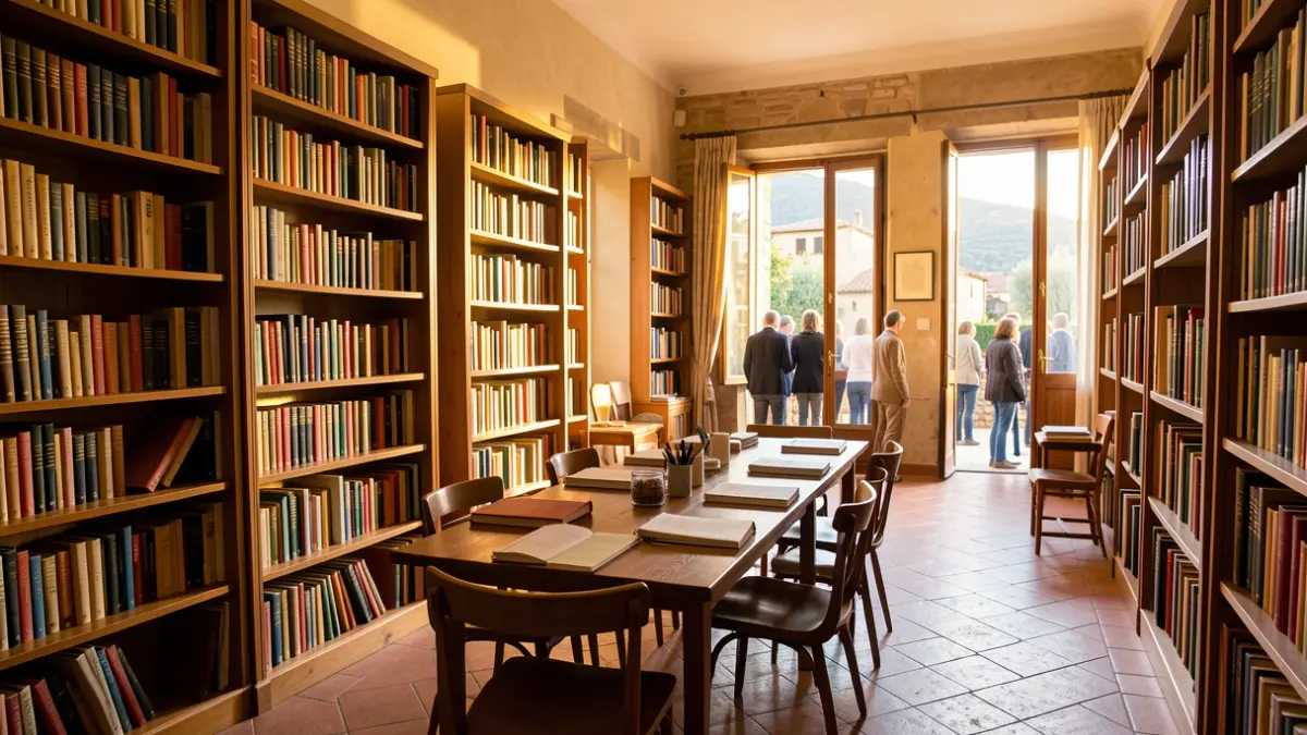 Imatge genèrica d'una biblioteca pública valenciana amb prestatgeries de llibres i una taula preparada per a un club de lectura.