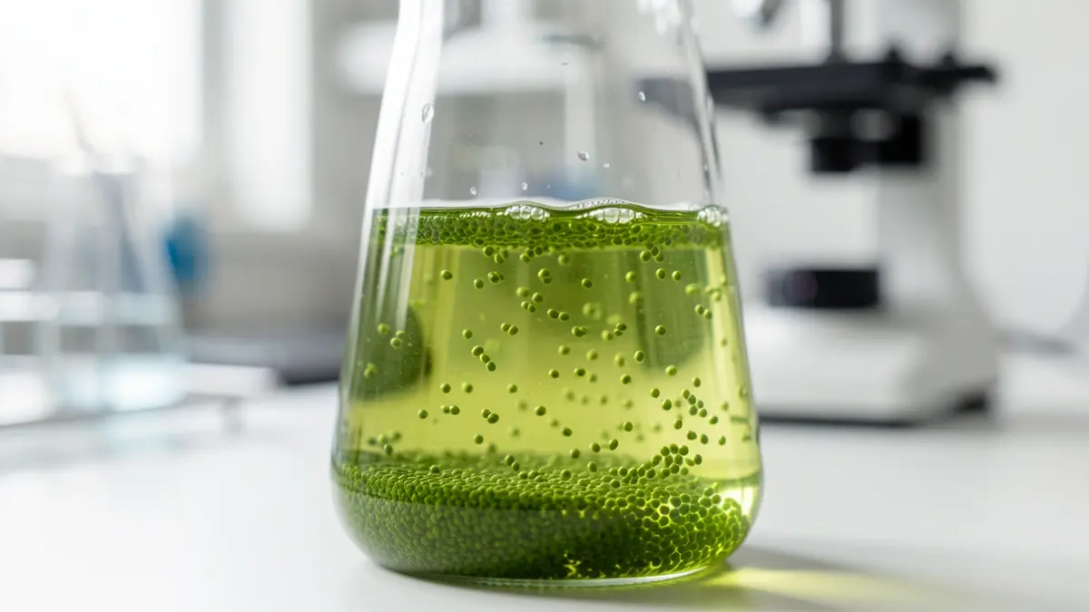 Imatge genèrica de cultiu de microalgues i partícules de silici en laboratori.