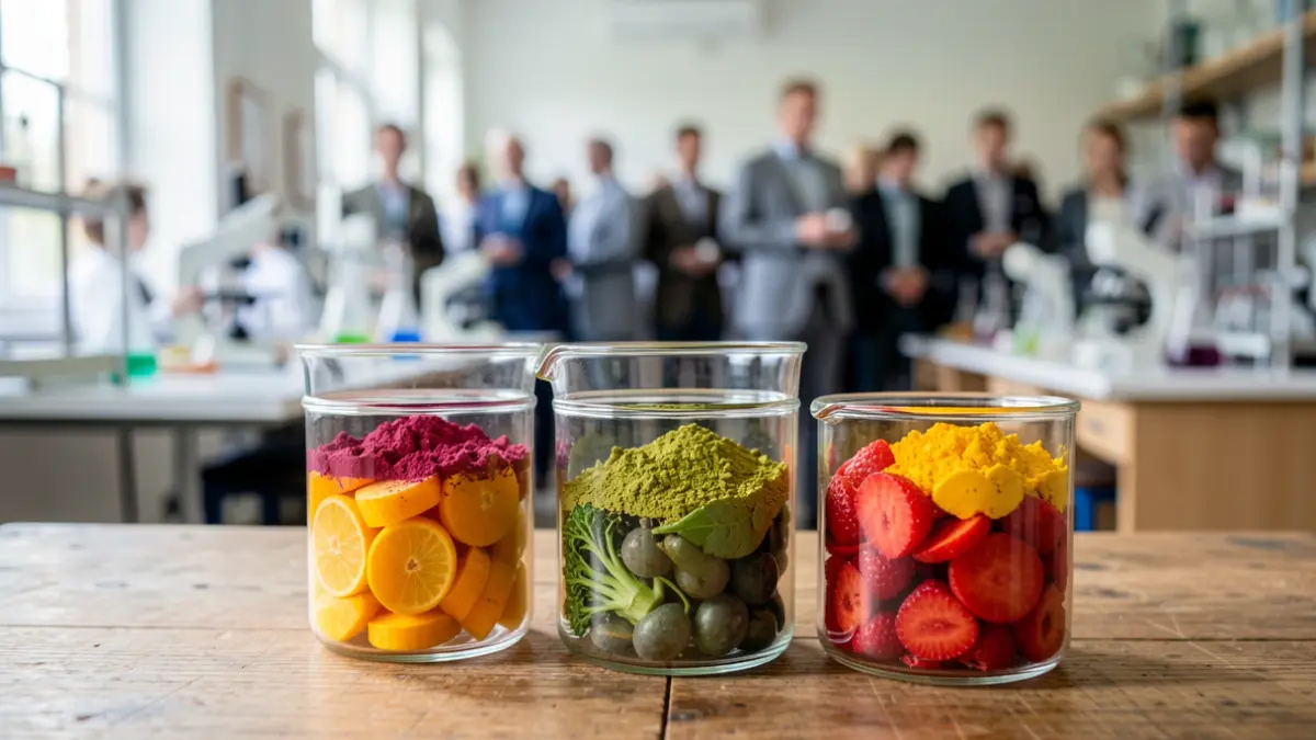Imagen genérica de pigmentos naturales extraídos de frutas y verduras para un taller científico.