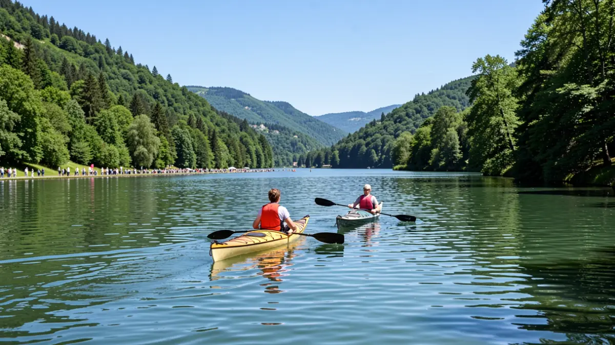 Generic image of kayaks on a lake surrounded by nature.