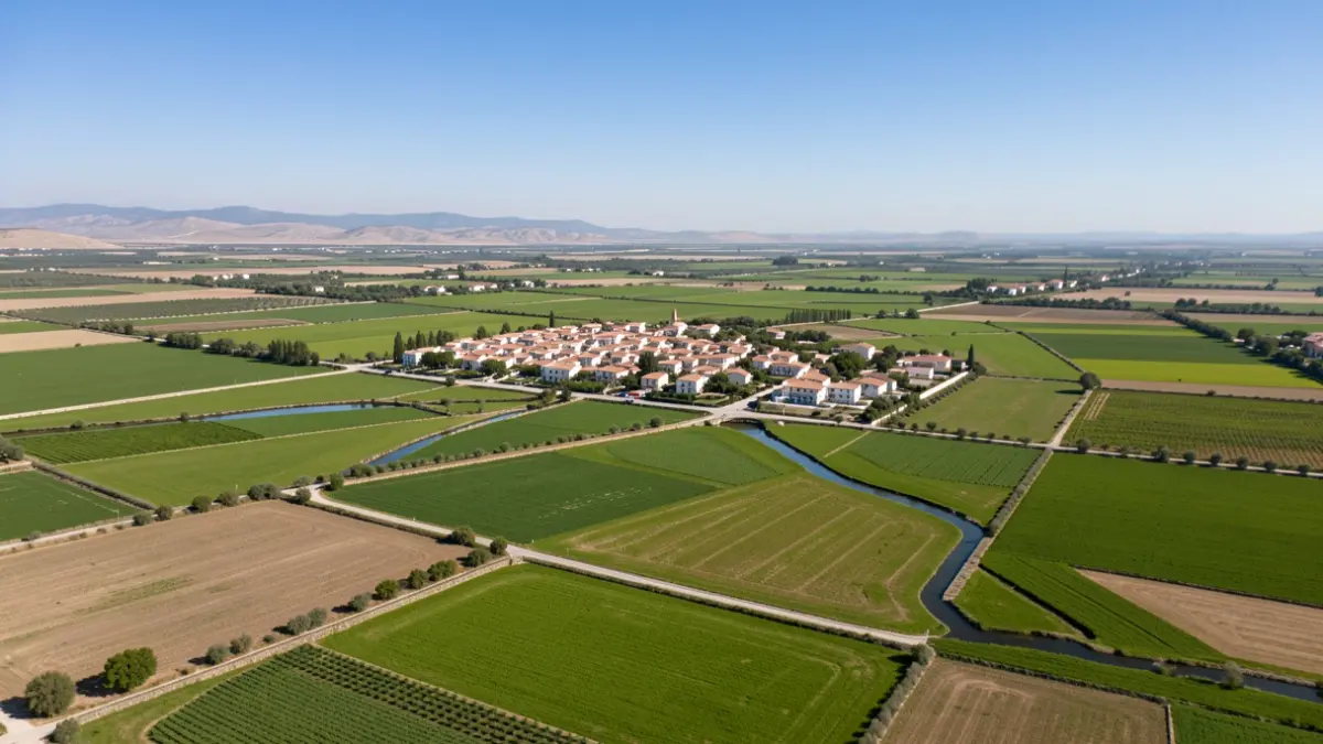Generic image of the La Safor plain with cultivated fields and the urban center of Rafelcofer.
