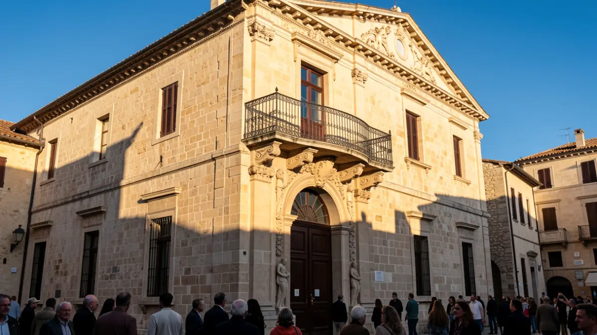 Imatge genèrica de la façana d'un ajuntament mediterrani amb balcó i baranes de ferro, il·luminat per la llum del sol de la vesprada.