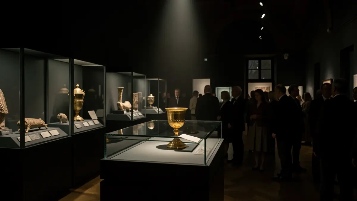 Imatge genèrica d'un museu il·luminat de nit amb peces històriques.
