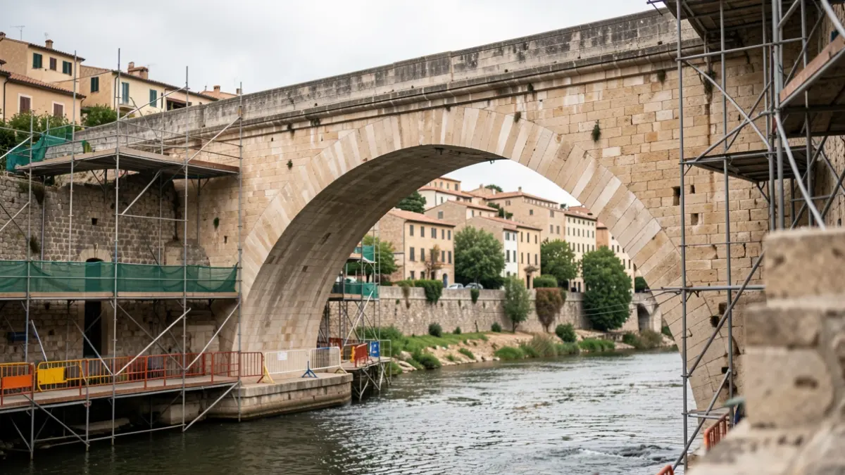 Generic image of construction on a historic bridge with scaffolding.