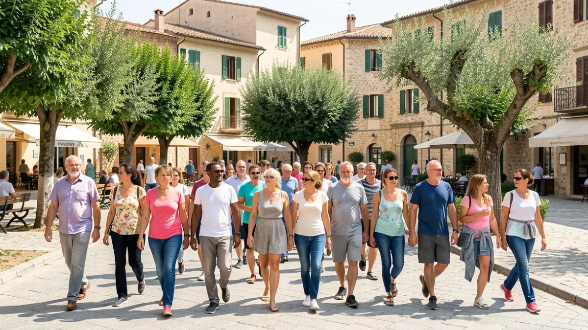 Imatge genèrica de persones caminant en grup per un entorn urbà mediterrani.