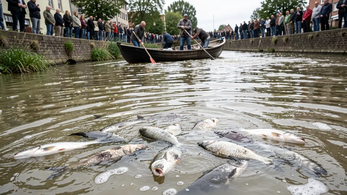 Imatge genèrica de peixos morts en un riu amb treballadors retirant-los.