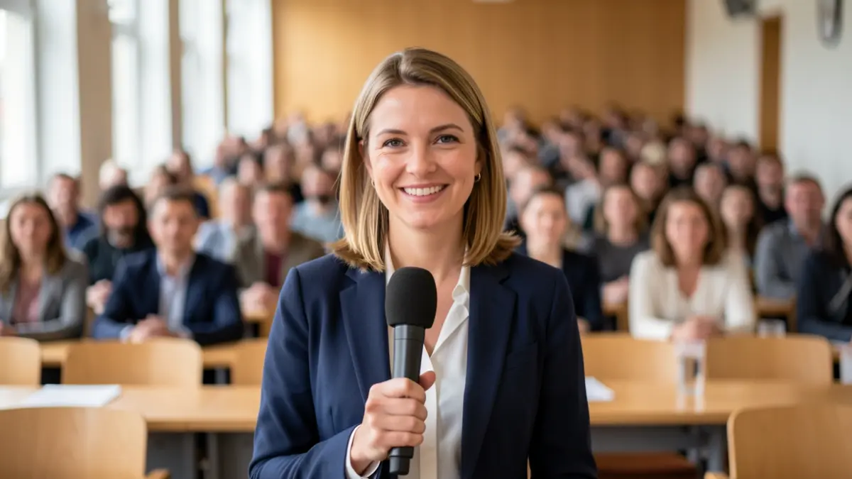 Imatge genèrica d'una conferència universitària amb una periodista.