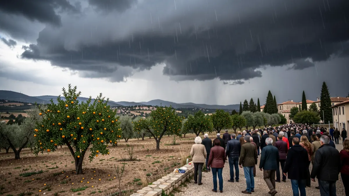 Generic image of storm clouds over a Mediterranean landscape with orange trees.