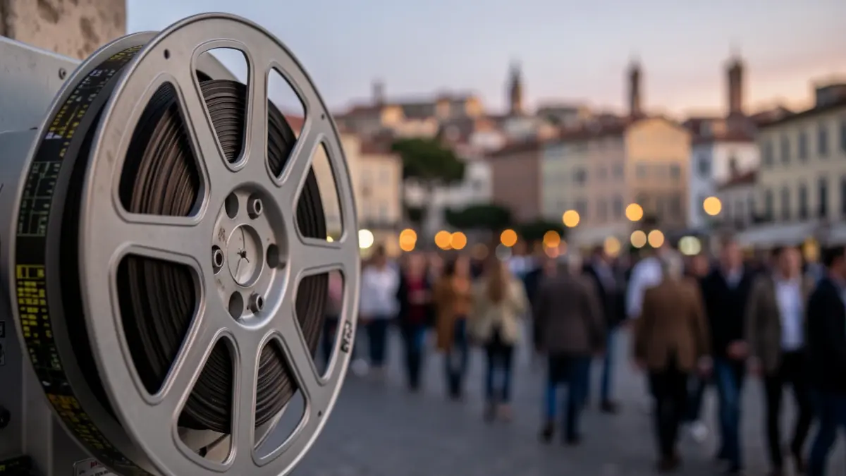 Generic image of a film reel with urban music elements and a Mediterranean cityscape at dusk.
