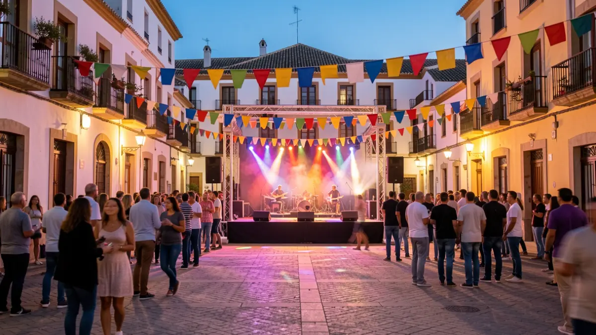 Generic image of a Mediterranean town square during a night festival with lights and crowd.