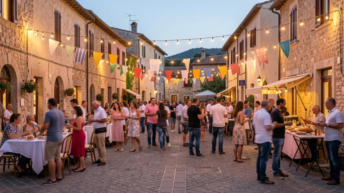 Generic image of a festive town square at dusk with people enjoying music and food.