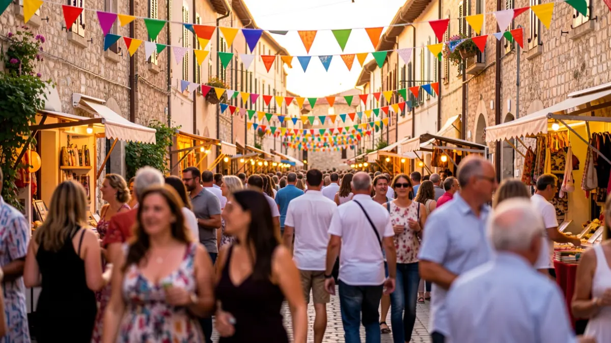 Imatge genèrica d'una festa popular en un barri mediterrani amb decoracions i gent gaudint.