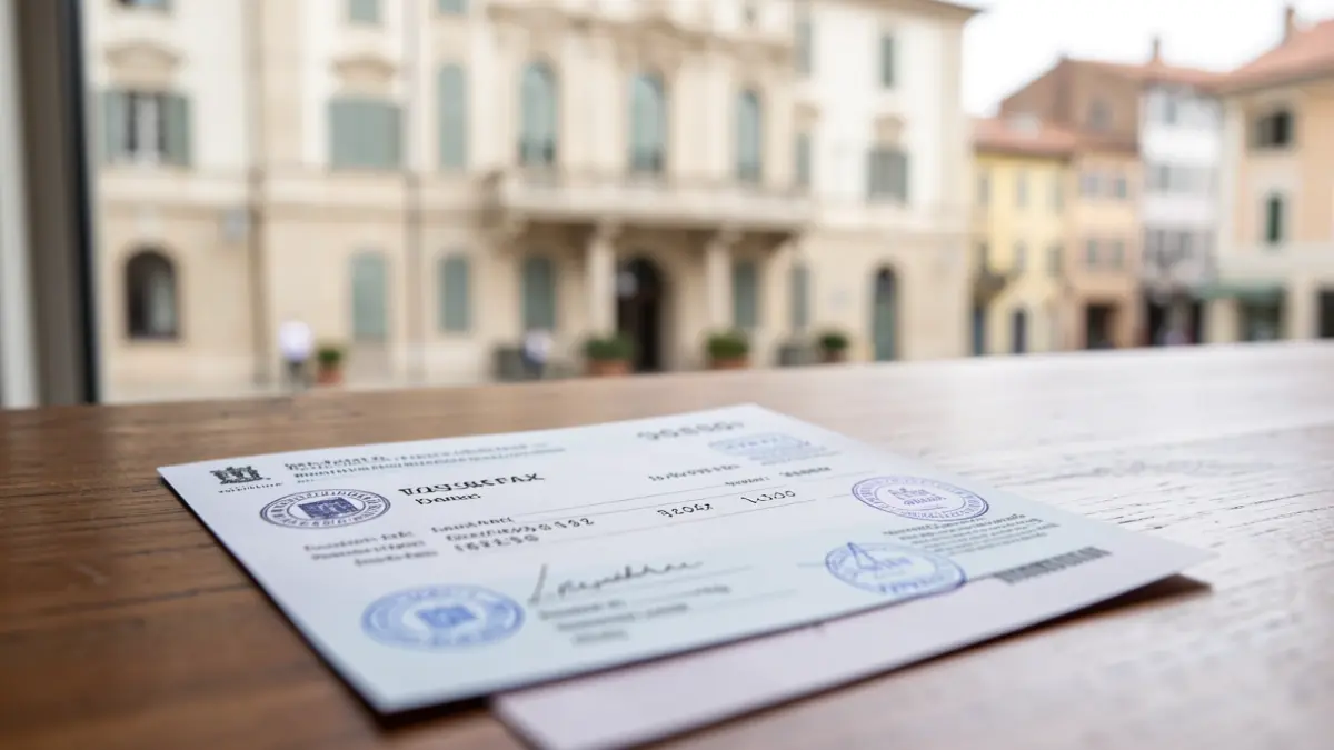 Imatge genèrica d'un rebut fiscal amb segells oficials i dates, sobre una taula de fusta.