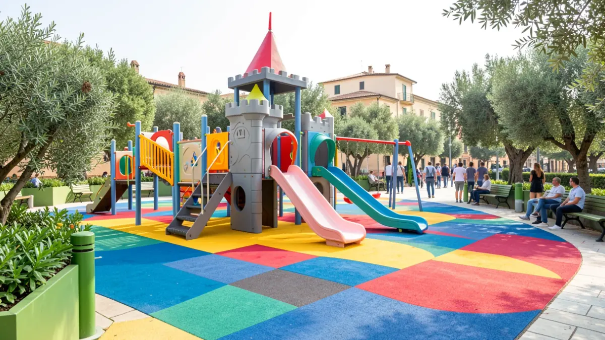Imagen genérica de un parque infantil renovado con juegos nuevos y pavimento de seguridad.