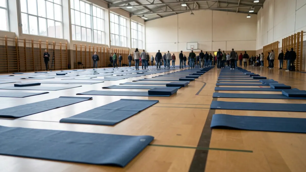 Imagen genérica de un pabellón deportivo municipal con esterillas de yoga preparadas.