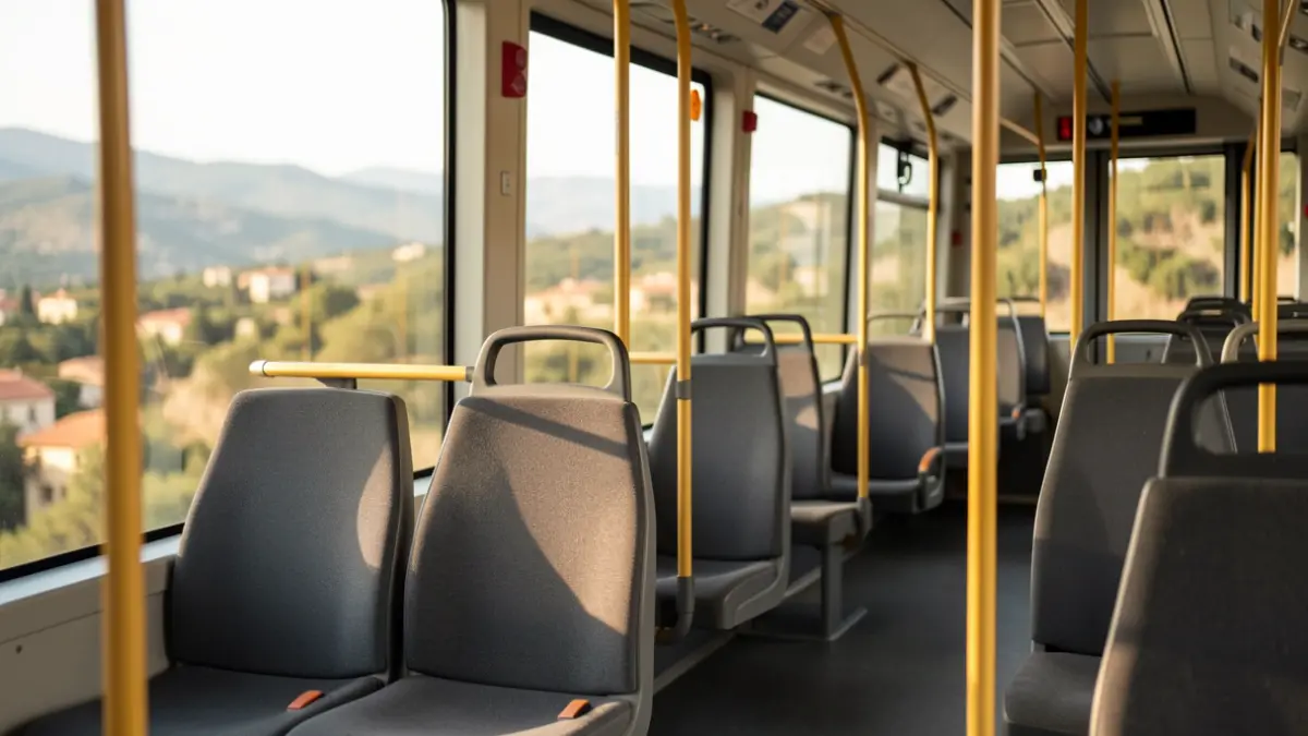 Imagen genérica del interior de un tranvía moderno con paisaje mediterráneo al fondo.