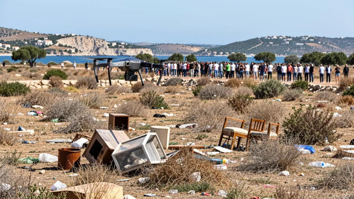 Generic image of a police drone flying over a landscape with illegal dumping.
