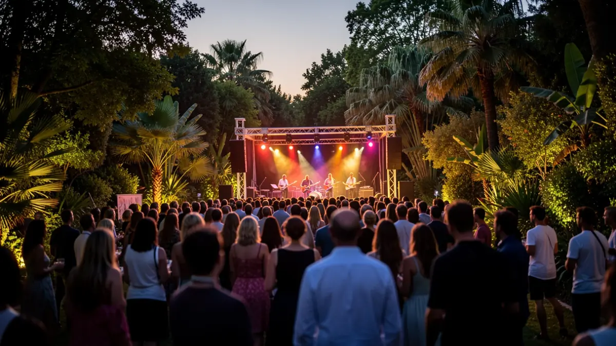 Imagen genérica de un festival de música al aire libre en un jardín botánico al atardecer.