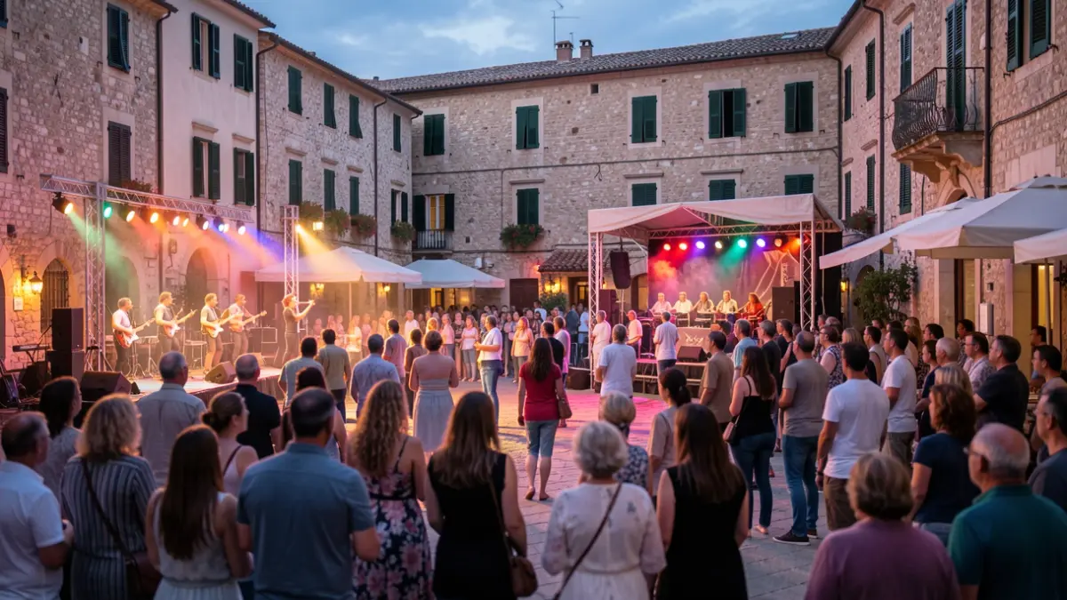 Generic image of a street theater festival with audience and lights.
