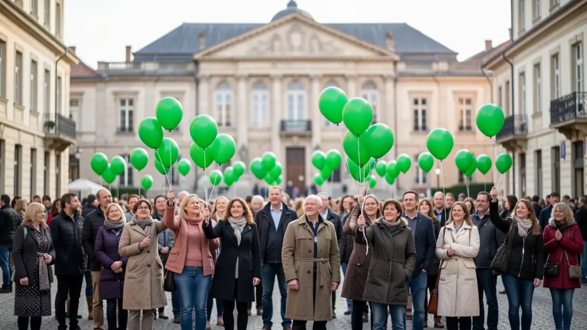 Generic image of people participating in a commemorative event with green balloons in front of a municipal building.