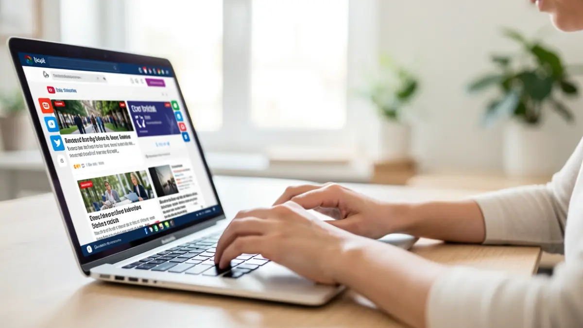 Generic image of hands typing on a laptop with a news screen in the background.