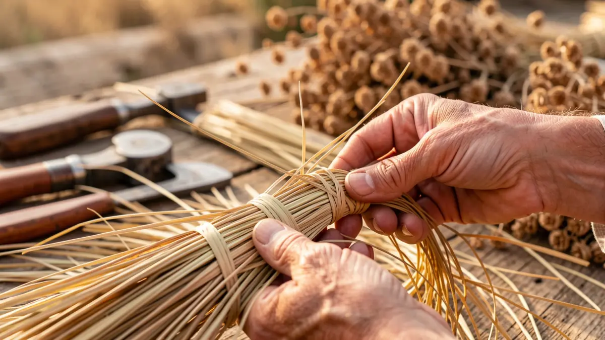 Mans teixint fibres d'espart amb eines tradicionals desenfocades al fons.