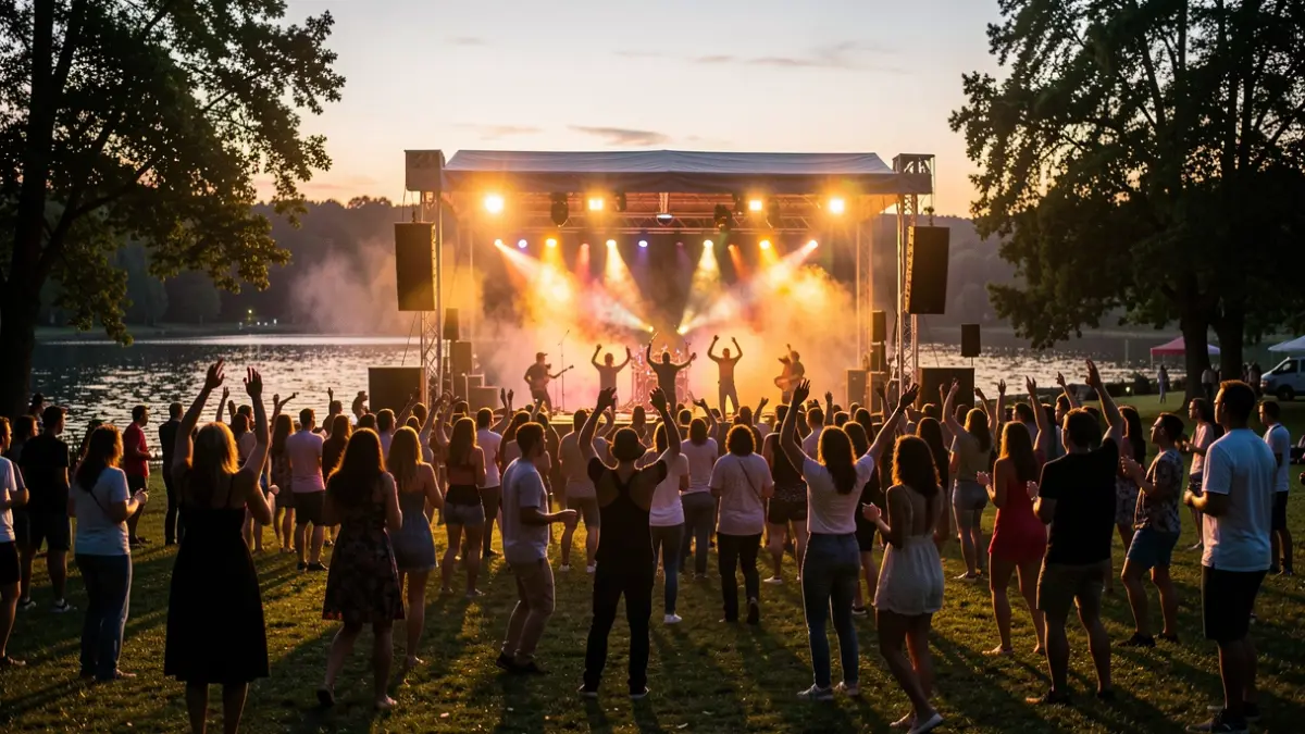 Imatge genèrica d'un festival de música a l'aire lliure al capvespre, amb gent ballant i llums d'escenari.