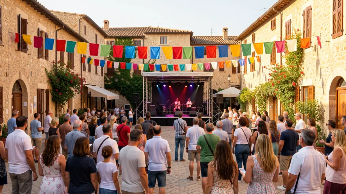 Imatge genèrica d'una plaça de poble mediterrani amb un escenari preparat per a un concert.