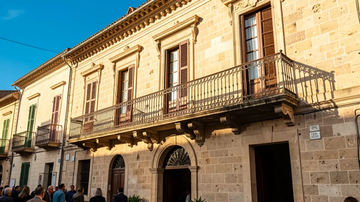 Imagen genérica de la fachada de un ayuntamiento mediterráneo con balcón y barandillas de hierro, iluminado por el sol de la tarde.