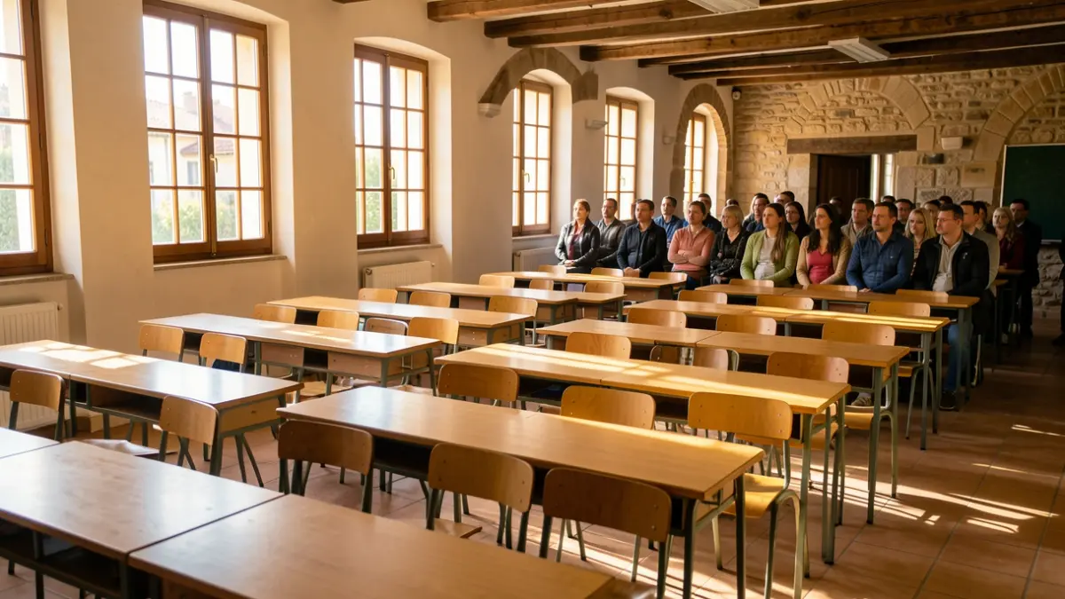 Imagen genérica de un aula escolar con luz solar.