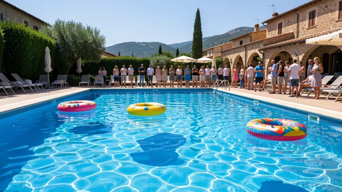 Generic image of a swimming pool with blue water and inflatable toys.