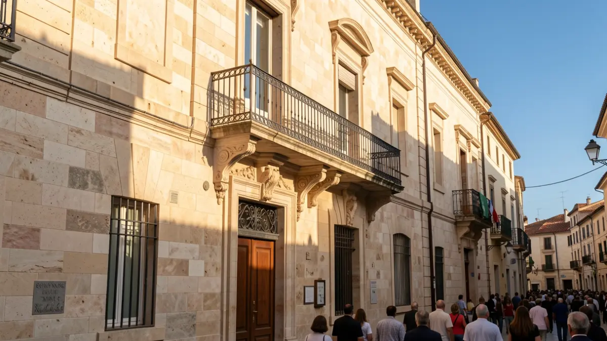 Generic image of a Mediterranean town hall facade with a balcony and iron railings.