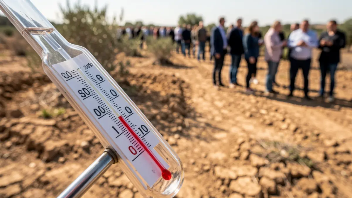 Termómetro marcando temperaturas extremas en un paisaje seco de la Comunidad Valenciana.